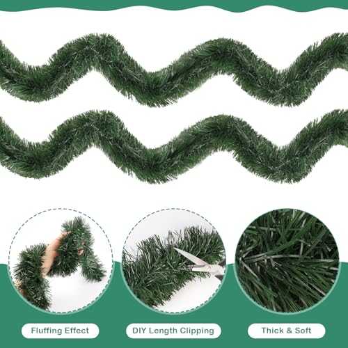 PAKSPAK 50FT-Green Christmas Tinsel Garland, White-Red? No, Green - 50ft Thick Metallic Faux PVC Outdoor/Indoor