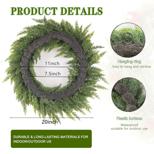 FJAKA 20in Christmas Wreath with Red Berries - Front Door Decor, Indoor/Outdoor, Norfolk Pine Accent