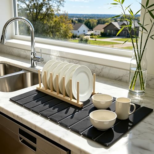 Gray Marble Stone Dish Drying Mat with Rack - Diatomaceous Earth Kitchen Accessories