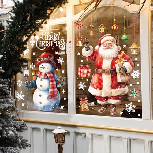 DERAYEE Christmas Window Clings 4 Sheets - Extra Large Double-Sided Santa, Snowman & Tree Decals