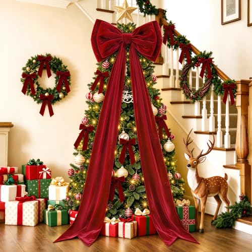 Memgift Burgundy Velvet Christmas Bow Set with 20"x71" Topper & 12 Small Bows - Holiday Tree Decorations