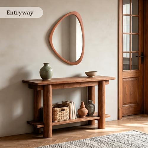 Walnut Asymmetrical Wooden Wall Mirror - Pebble-Shaped Boho Mid Century Decor, 25 x 20 Inches