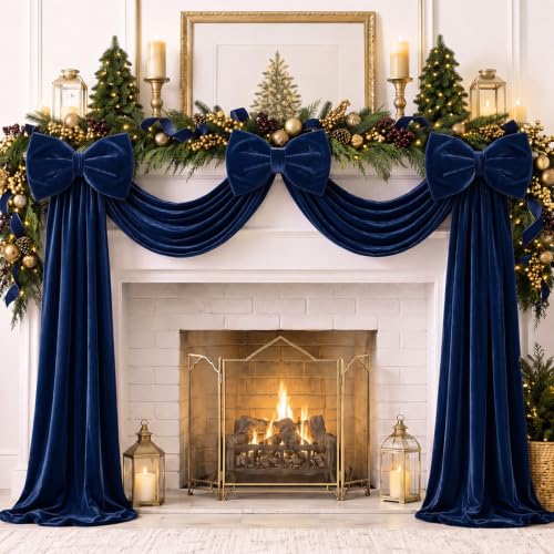 Riceshoot Navy Blue Velvet Bow Garlands - 15.8ft Christmas Mantel Garland with 3 Large Bows