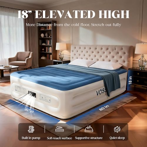 VOSSER Queen Air Mattress Blue 18-Inch Raised with Built-in Pump, 800lb Capacity
