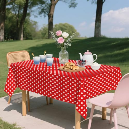 2 Pack Red Polka Dot Tablecloth 54 x 108 Inches - Disposable Plastic Party Cover, Red & White