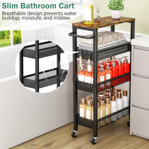 Vivihomety 4-Tier Slim Metal Laundry Cart with Wheels - Black, 7.1 Inch Wide
