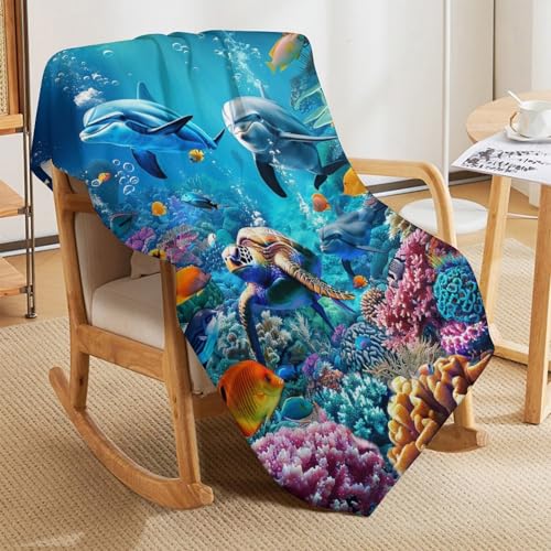Ocean 50x60 Ocean Sea Turtle Dolphin Throw Blanket - Soft Fleece Plush for Couch Sofa Bed