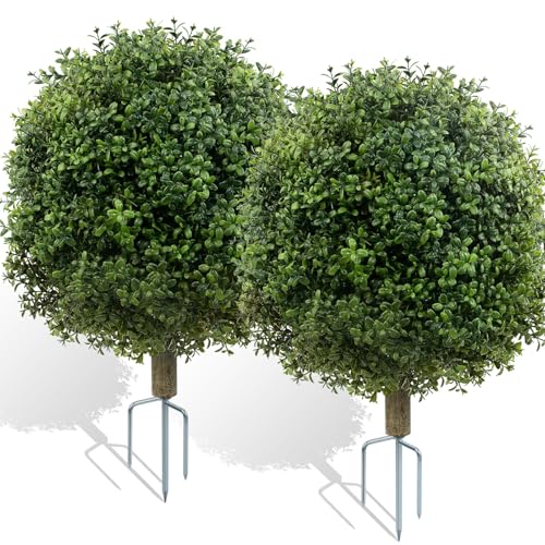 Griine Set of 2 Artificial Boxwood Topiary Ball Trees - 27 Inch Faux Bush with Metal Ground Spike, UV Resistant Outdoor Decor