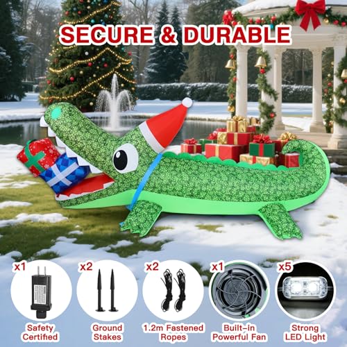 Aotiooy 9.3 FT Christmas Inflatable Crocodile Yard Decor with LED Lights, Santa Hat & Gift Box