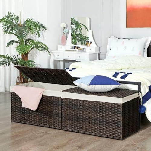 SONGMICS 160L Woven Storage Basket with Lid, Foldable, Brown