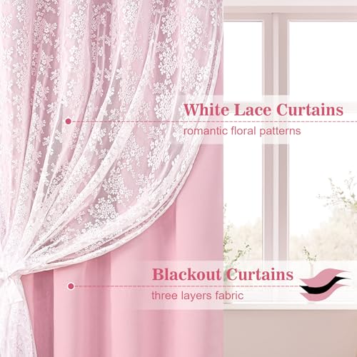 Yinhua Pink Curtains for Girls Room Double Layer Blackout Bedroom 84
