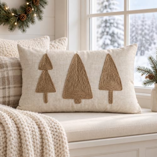 VANNCIO 20x12 Inch Jute Embroidered Christmas Tree Lumbar Pillow Cover - Pack of 1