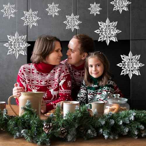 18pcs 3D Silver Large Paper Snowflakes Hanging Snowflake from Ceiling Christmas Hanging Decorations Winter Wonderland Supplies