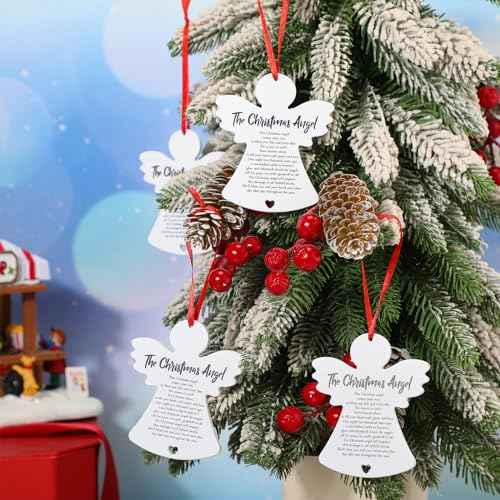 Barydat 12 Pcs Christmas Wooden Angel Ornaments Angel Hanging Ornaments for Christmas Tree Decoration Double Sided White Angel Pray Sign for Xmas Tree Fireplace Friend Family
