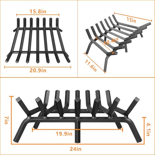 24 Inch Fireplace Grate - Heavy Duty Solid Steel Log Holder for Indoor & Outdoor Fireplaces