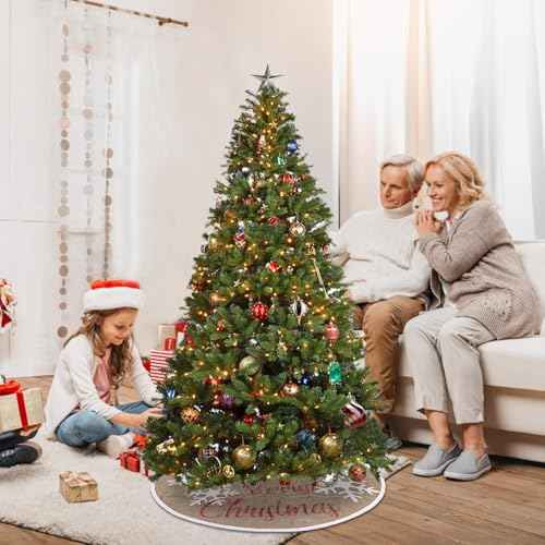 MACTING Small Christmas Tree Skirt, 23 inch Farmhouse Burlap Snowflake Tree Mat with Buffalo Plaid Merry Christmas Printed for Holiday Party Indoor Home Xmas Decorations