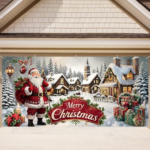 THISFIND 16x7 Ft Santa Christmas Village Banner for Garage Door Display - Holiday Yard Decor