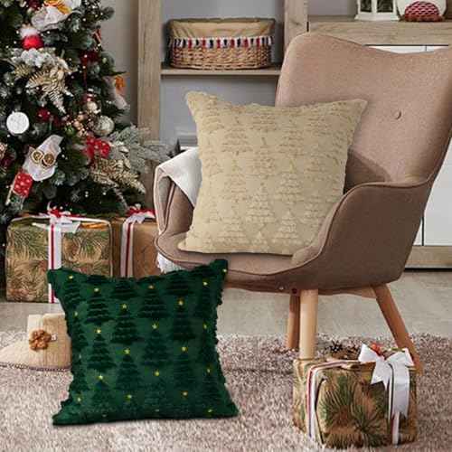 Lanpn Christmas 18x18 Throw Pillow Covers Set of 2, Winter Star Chrismas Tree Throw Pillow Cases Soft Plush Faux Fur Wool 18 x 18 Winter Cushion Cover for Indoor Home Bedroom Couch Sofa Decor (Beige)