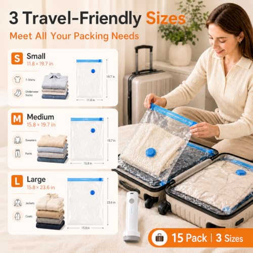 Clear 15 Pack Vacuum Storage Bags with Rechargeable Pump - Space Saving Travel & Dorm Organizer