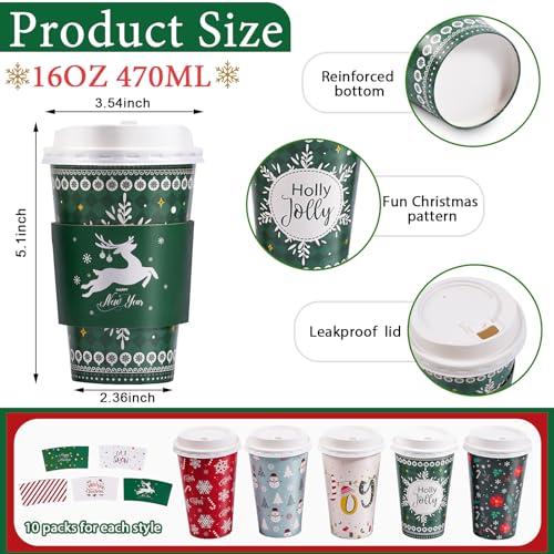 50 Pack Christmas Coffee Cups with Lids & Sleeves, 16 oz - Five Designs, 10 Each - Bapmnicc
