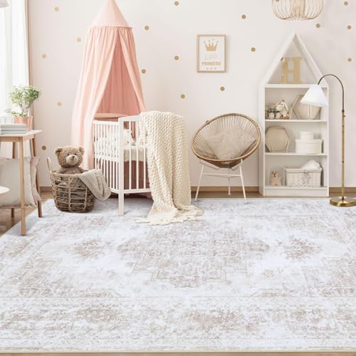 6x9 Beige Vintage Distressed Area Rug - Machine Washable Non-Slip Living Room Carpet