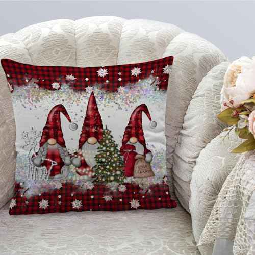 Ayxvt Red Christmas Gnomes Pillow Covers 18x18,Christmas Red Plaid Pillow Covers,Gnomes Christmas Decor,Gnome Christmas Decorations,Christmas Pillow Cases,Christmas Decor