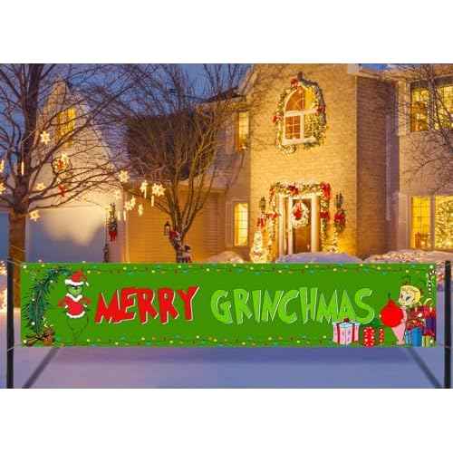 Nepnuser Green Christmas Fence Banner Winter Holiday Party Decoration Xmas Large Home Garden Outdoor Yard Hanging Sign Decor-1.6 * 8.2ft (Green-A)