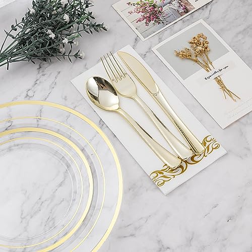 Clear Gold Disposable Dinnerware Set for 100 Guests - 700 Pieces