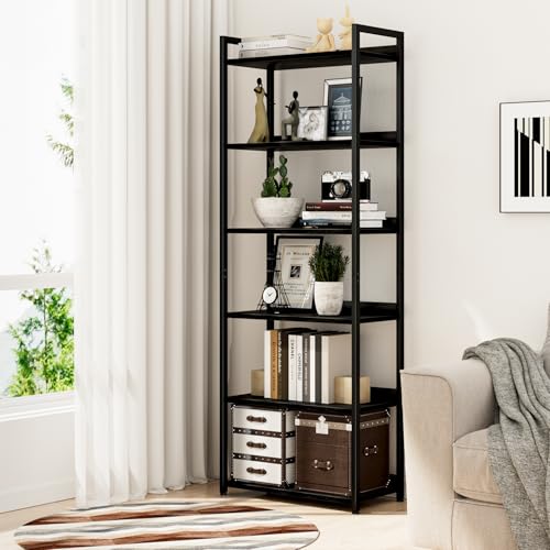NUMENN 6 Tier Wide Freestanding Bookshelf, Black - Modern Multi-Use Shelving Unit