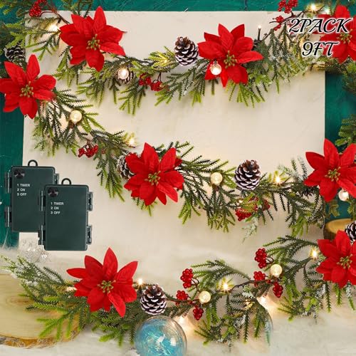 Juegoal 2 Pack 9ft Pre-lit Artificial Christmas Garland with Lights, Poinsettia & Pine Cones