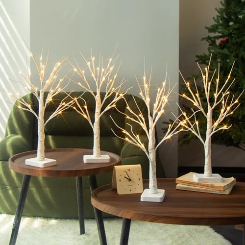 PABIPABI White Birch LED Tree Set of 4 with 24 Lights, 1ft 10in Each | Timer