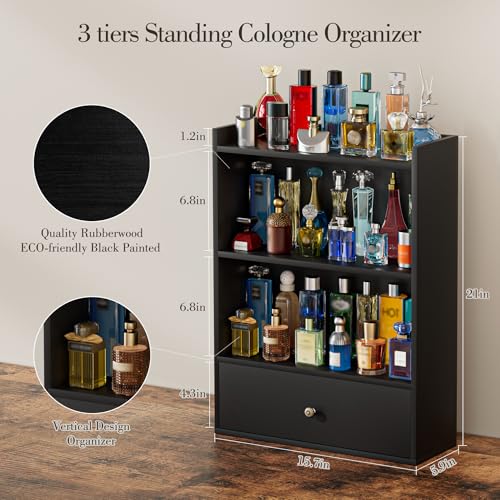 Wooden 3-Tier Cologne Organizer for Men with Drawer - Perfume & Accessory Storage
