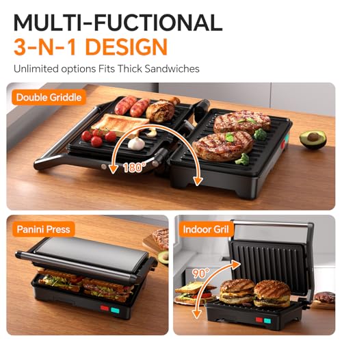 Novalife Black 3-in-1 Panini Press Grill, 1000W Electric Sandwich Maker with Non-Stick Plates, Opens 180°, Removable Drip Tray