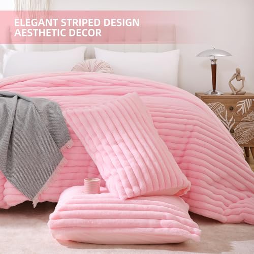 Pink Queen Size Fluffy Comforter Set 3 Pieces - Micro-Mink & Flannel Bedding