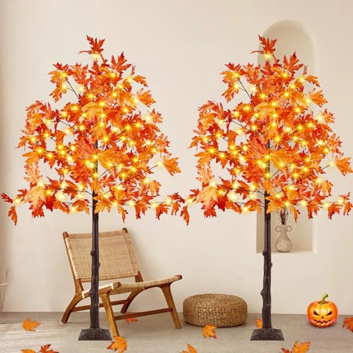 EEW 2 Pack 5FT Lighted Maple Trees with 200 LEDs for Indoor Outdoor Fall Decor