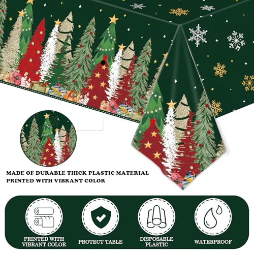 Green 3-Pack 54x108 Inch Christmas Table Covers - Snowflake Tree Trim, Waterproof Plastic Gift Display