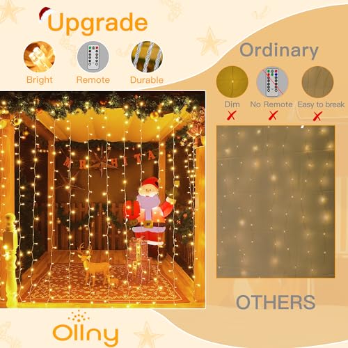 Ollny 6.6ft x 6.6ft Warm White 200 LED Curtain Lights 2-Pack with Remote Control