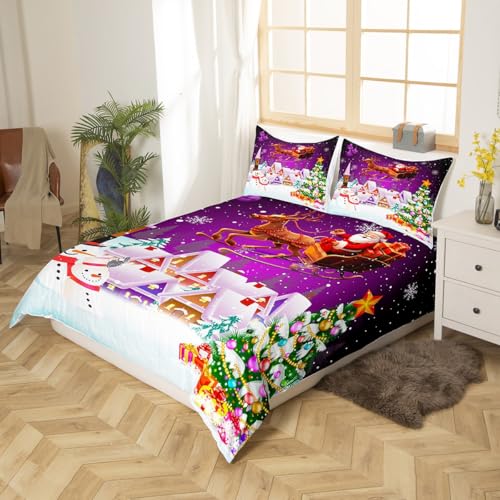 Manfei Xmas Duvet Cover Set Queen Size, Snowman Christmas Tree Bedding Set for Kids Boys Girls, Santa Claus with Reindeer Comforter Cover New Year Theme Quilt Cover with 2 Pillowcases, No Comforter