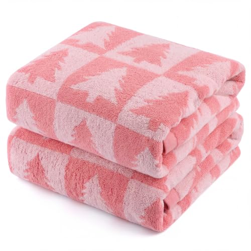 Batiyeer 2 pcs Christmas Tree Pink Checkered Bath Towels 27.5 x 55 Inch - Festive Holiday Gift Set