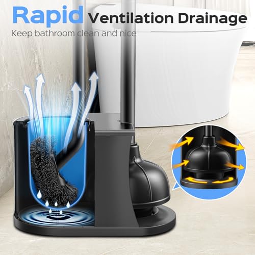 HAMITOR Black Stainless Steel Toilet Plunger and Brush Set 2-in-1 Compact Bathroom Cleaner