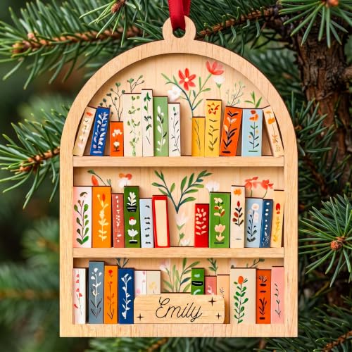 Customizable Bookshelf Christmas Ornament, 4 Inch Wooden Book Lover