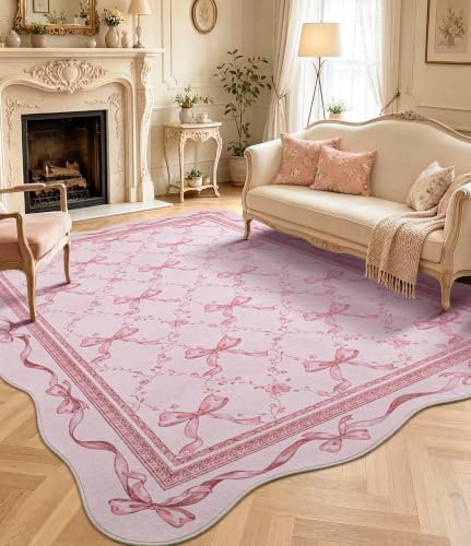 Pink Bow Area Rug for Girls - 8x10 Washable Floral Scalloped Rug - Pink / 8' x 10'