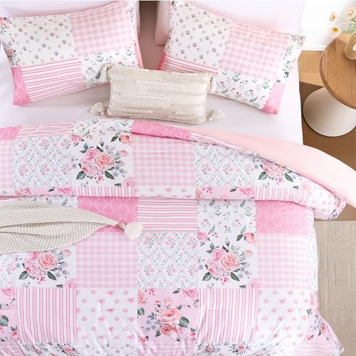 YIKUSH 3-Piece Pink Floral Queen Comforter Set 90x90 All-Season Bedding