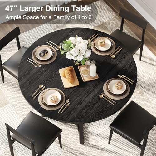 Black 47-Inch Round Dining Table for 4 with Pedestal Metal Frame Kitchen & Dining