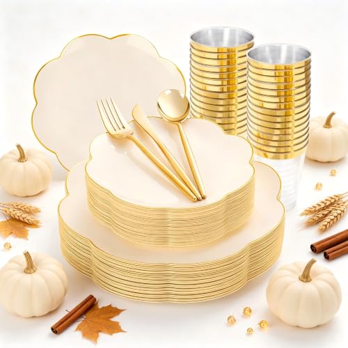 Elegant Gold Rim Ivory Plastic Plates Set for Wedding Gala - Beige & Gold Variation