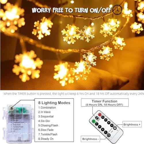 Christmas Snowflake Lights, 20ft 40LED 8 Modes & Timer Battery Operated Snowflake Decorations with Remote Control, Fairy Lights for Indoor Outdoor Holiday Party Decorations