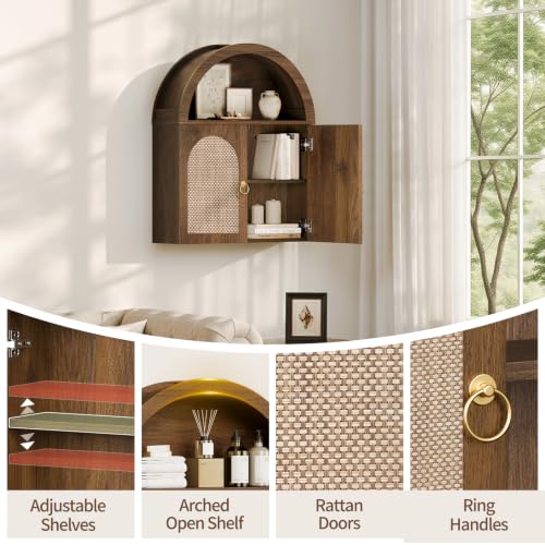Curlaky Walnut Arched Bathroom Wall Cabinet with Rattan Doors