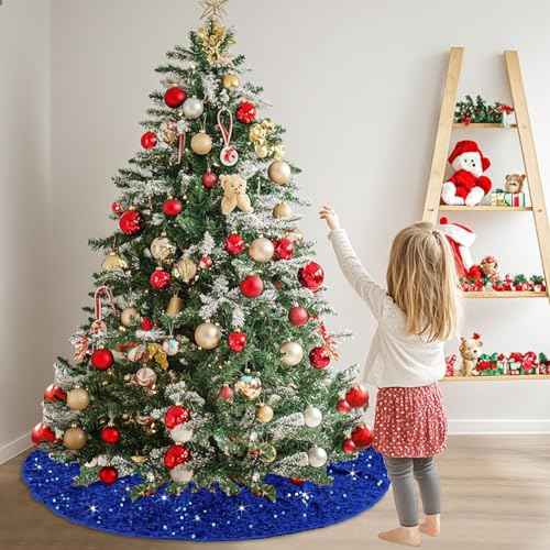 Small Blue Christmas Tree Skirt 21 Inch Sequin Mini Tree Skirt for 4ft Christmas Tree Round Velvet Xmas Tree Skirt Glitter Santa Christmas Tree Skirts Box Royal Blue Christmas Ornaments