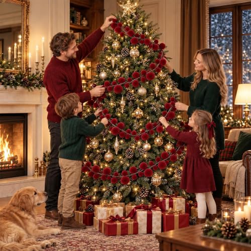 6 Ft Burgundy Velvet Christmas Garland with Ornaments - Holiday Decor