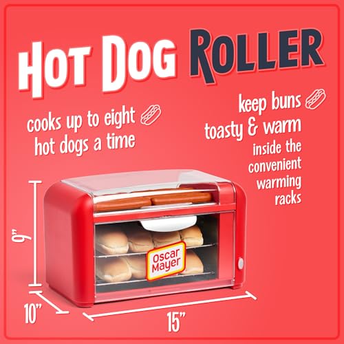 Nostalgia Hot Dog Roller & Bun Toaster Oven - Red, 8 Rollers, Multi-Use